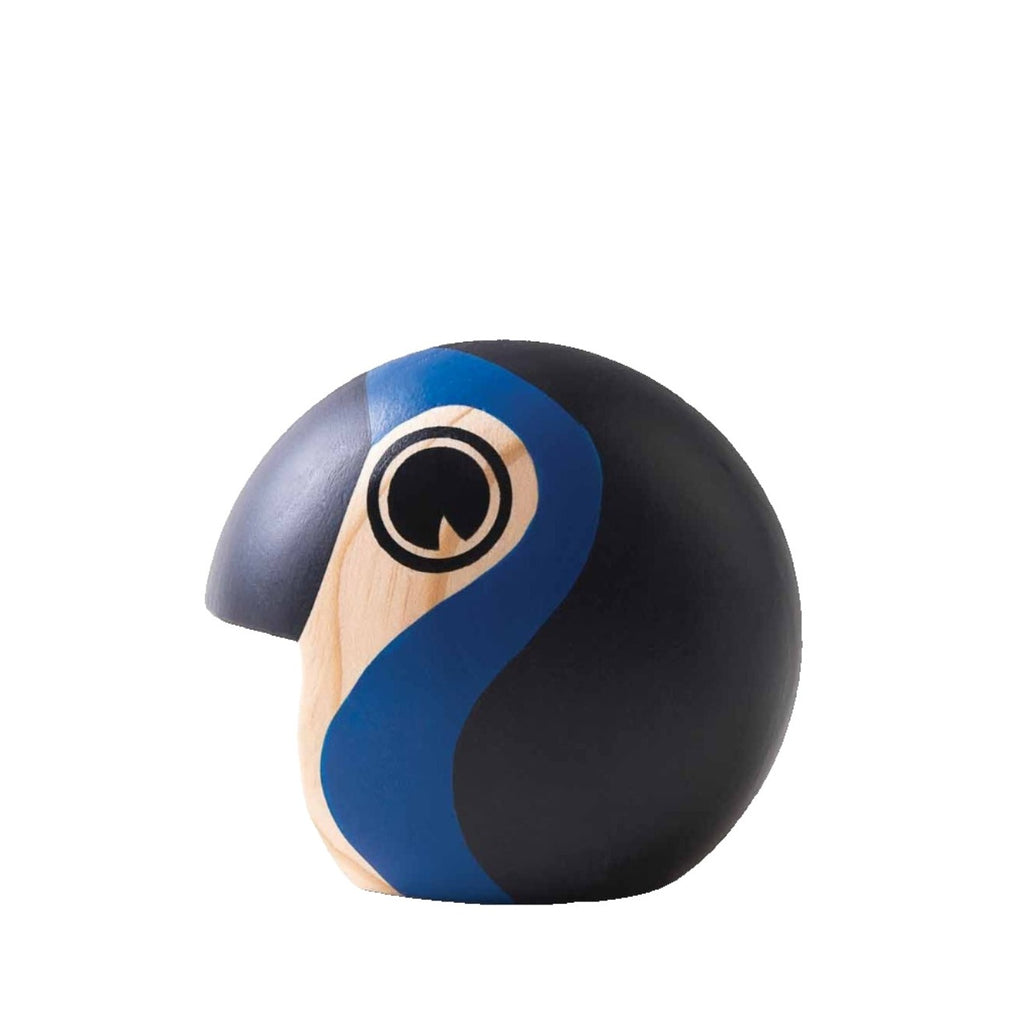 small blue, black and natural wood discus bird
