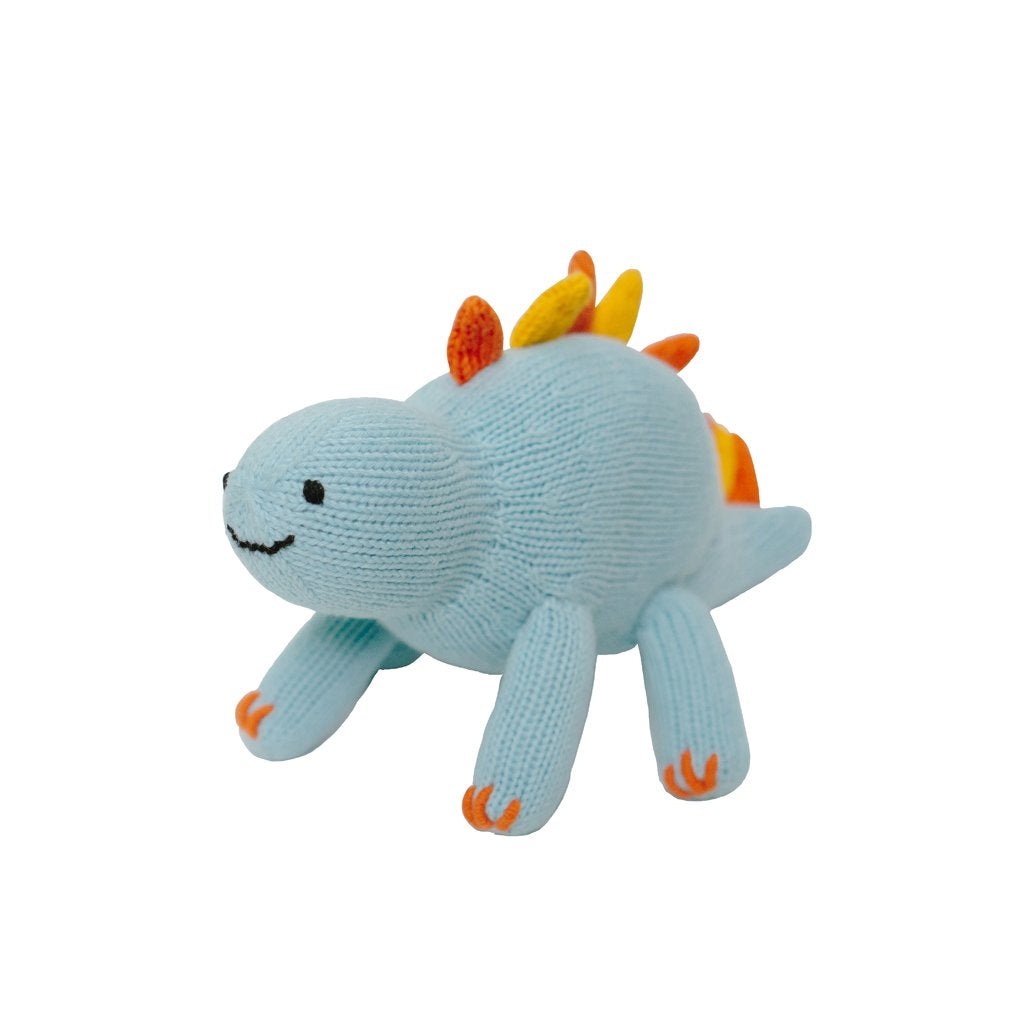 Stegosaurus plush toy in light blue with orange and yellow