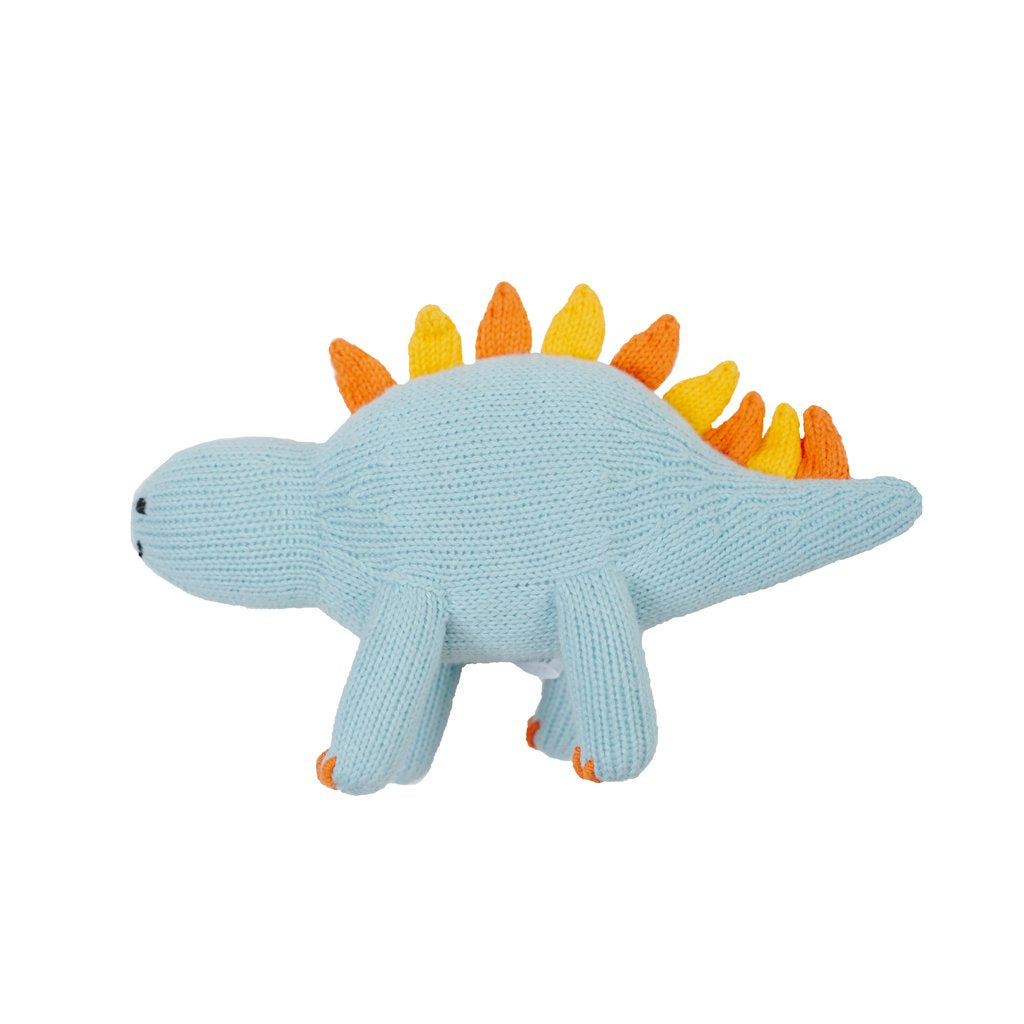 Stegosaurus plush toy in light blue with orange and yellow