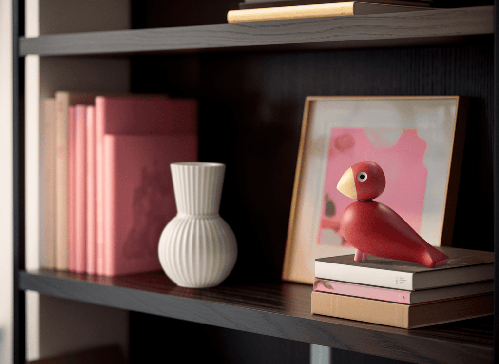 Bookshelf with decorative items including a white vase, red bird figurine, and framed picture.