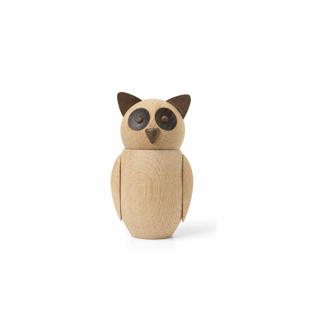 oak wooden owl with dark wooden eyes