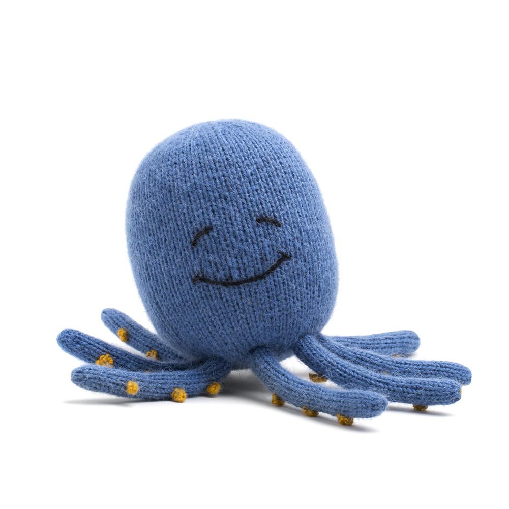Plush toy of a blue octopus.